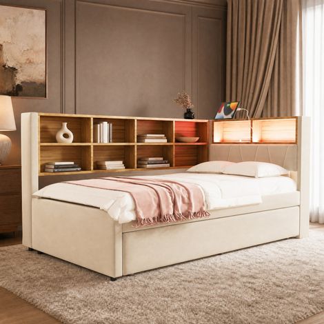 Schlafsofa 90x200 cm Beige aus Flanell mit Ausziehbett, LED-Beleuchtung, Ladeanschlüssen und Stauraum (1/5)