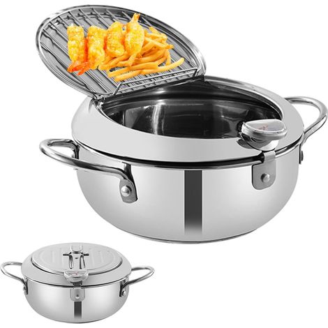 Freidora de 2,2 L con tapa y rejilla recogegrasa, sartén de acero inoxidable estilo japonés para tempura con control de temperatura, para patatas fritas, gambas, albóndigas y para cocinar en la cocina (1/5)