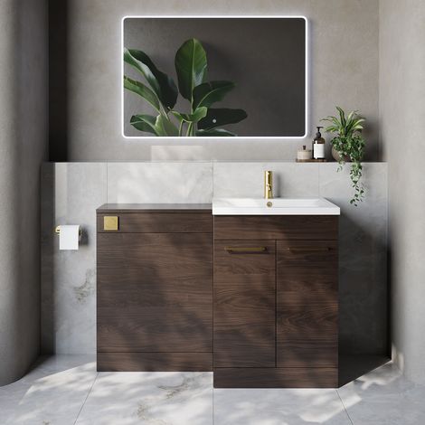 Napoli 460 Cento Brown Oak 1200mm 2 Door Vanity Unit Toilet Suite with Glide Basin - 1200mm - Brushed Brass 160mm HandleWithout Kingston Toilet Pan