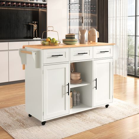 Îlot central cuisine blanc avec plateau effet bois, desserte mobile avec table extensible rabattable 139×46(71)×91,5 cm, meuble rangement cuisine avec 3 tiroirs et roulettes (1/5)