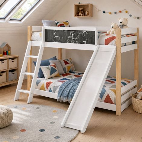 Letto a castello bambini 90x200 cm bianco con scivolo, salvaspazio, senza materasso (1/5)