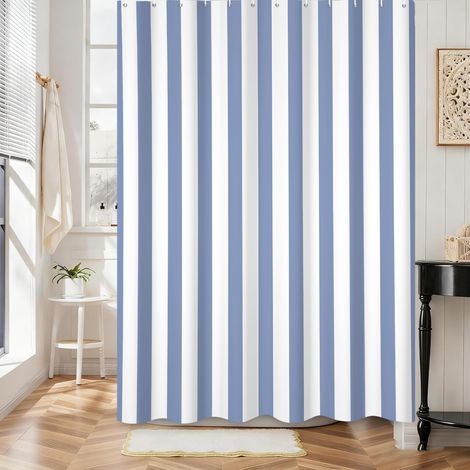 Rideau de Douche à Rayures Verticales 180x180, Bleu et Blanc Rayures Vintage Moderne Abstrait Minimaliste imperméable Polyester Tissu Lavable Rideau de Bain avec Crochets (1/5)