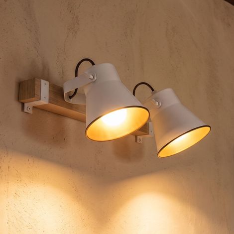 Wandleuchte aus Holz und glasierter Keramik mit 2 Spots (1/3)