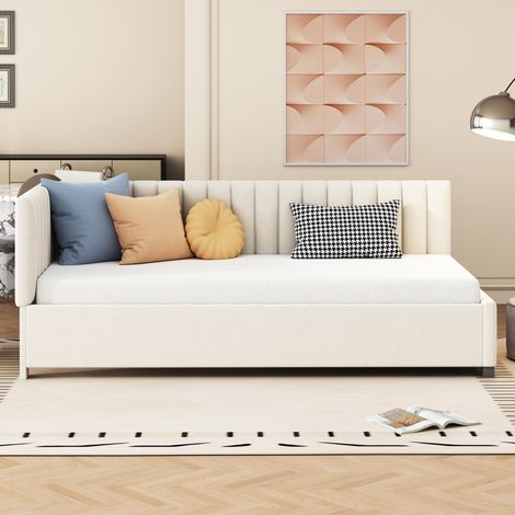 MEUBLIV Canapé-lit 90 x 200 cm rembourré avec sommier à lattes, dossier réversible,velours beige, style classique,Capacité 120 kg (1/5)