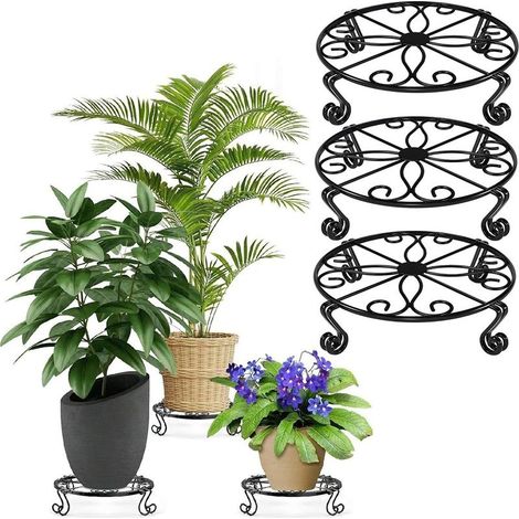 Support de Porte plantes métal pour intérieur/extérieur, Support de plantes à angle bas, Porte plantes pour la décoration de la maison, Etagère d'exposition de pots de fleurs, Noir (3 packs) (1/5)