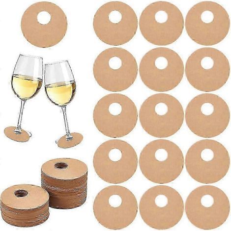 150 marque-verres à vin en papier. ronds et vierges de 7 cm (2.8 pouces). couleur bois/blanc. jetables. pour verres à pied. Étiquettes à vin à personnaliser. (1/5)