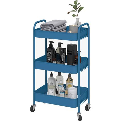 Desserte chariot de rangement en acier chariot de service à roulettes 3 plateaux ajourés 45 x 30,6 x 79 cm bleu foncé (1/5)