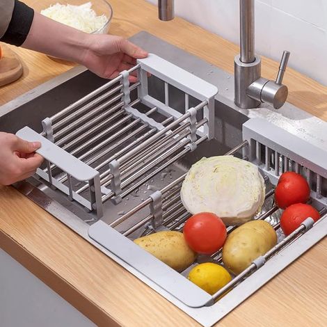 Scolapiatti estensibile,organizer per lavello da cucina,in acciaio inox,supporto per lavello con porta spugna,grigio (1/5)