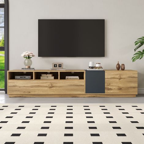 Mobile TV rustico 200 cm in legno, con vani a giorno, 3 ante e passacavi, porta TV per soggiorno