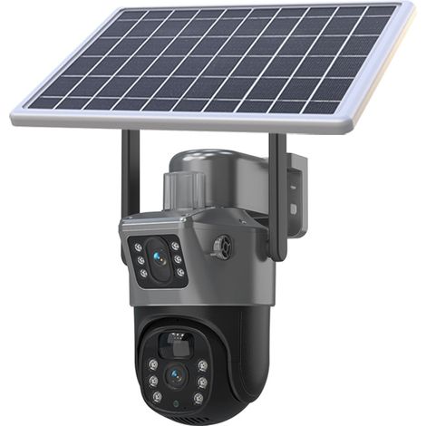 Caméra de surveillance solaire 4G à Double Objectif Panoramique 360° Extérieur Caméra IP 2K 3MP étanche IP66, alimentation DC5V, objectif 4mm Ouverture F0.1, capteur 1/2.8, vision nocturne IR 50m, zo