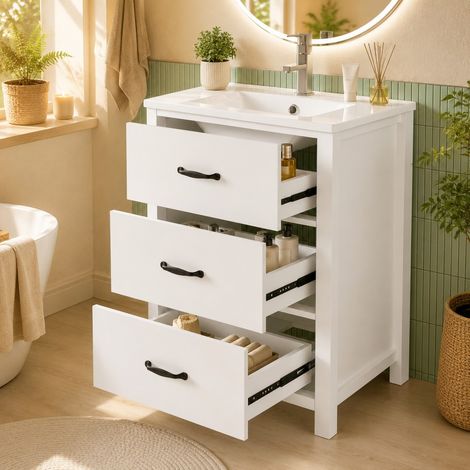 Meuble lavabo sur pied blanc laqué 61x47x83cm vasque céramique monobloc 3 tiroirs rails coulissants silencieux salle de bain (1/5)