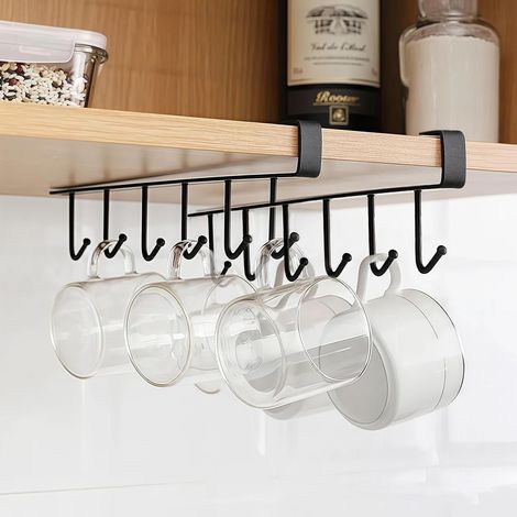 Lot de 2 crochets porte-tasses, idéaux pour ranger tasses, ustensiles de cuisine et clés porte-tasses à café sans clous, noir (1/3)