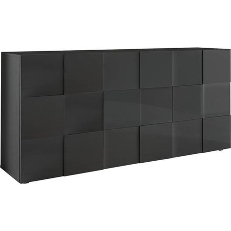 REBECCA - Buffet 3 Portes Finition Laqué Gris Carbone Relief Damiers