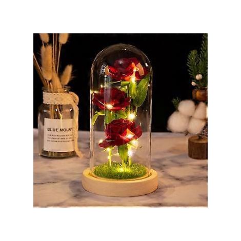 Die Schöne und das Biest Rose, 3 rote Seidenrosen in Glaskuppel mit warmem Licht, künstliche leuchtende Rose, handgefertigtes Rosenröhrchen als Geschenk für Frauen zum Jahrestag