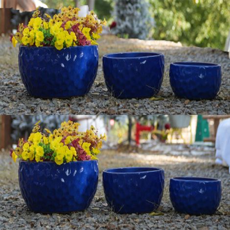 6er-Set teiliges handgemachtes Keramikpflanztopf-Set (Ø 38,1/30,5/25,4cm), kobaltblaue Hammermuster-Oberfläche, ideal für Sukkulenten/Veilchen, Innen/Außen, Fensterbänke/Bücherregale, atmungsaktive To
