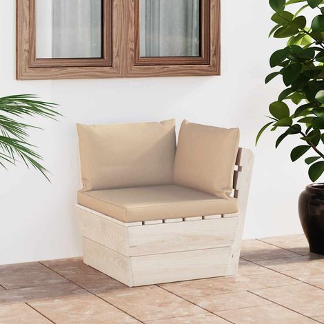 Canapé d'angle palette de jardin en bois d'épicéa avec coussins beige 60 x 60 x 65 cm - PANGIVO (1/5)