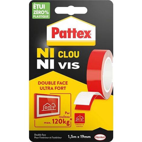 1 Rouleau Ruban adhésif double face, 19 mm x 1,5 m, Montage intérieur extérieur, Support 120 kg (1/5)