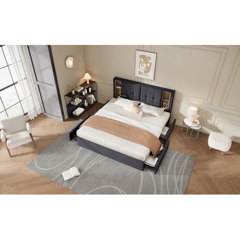 Bett mit kabelloser Ladefunktion und USB-C, 4 Schubladen, 160 x 200 cm, grauer Holzrahmen (1/5)
