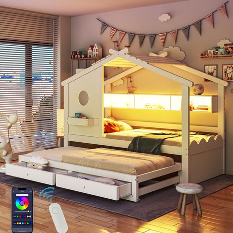 Lit enfant 90x190 cm avec Lit extractible, LED et prises USB-C, Lit Coffre avec étagères et 2 tiroirs, lit gigogne 90x190 inclus – Blanc – BATDTECH (1/5)