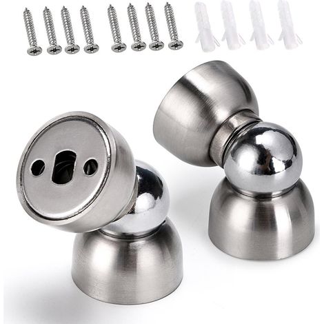 Juego de 2 mini topes magnéticos para puertas, de metal para montaje en pared (plateados) (1/5)