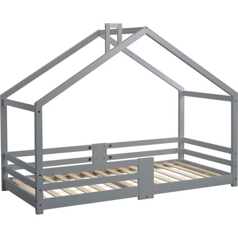 Lit cabane enfant 90 x 200 cm en bois de pin gris avec cheminée et barrière de sécurité (1/5)