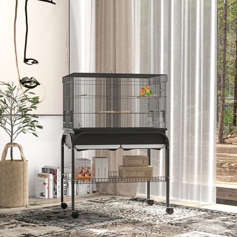 Großer Vogelkäfig, Papageienkäfig mit Rädern für Kakadus, Wellensittiche, Kanarienvögel und Papageien, 85 x 49 x 119 cm, schwarz (1/5)