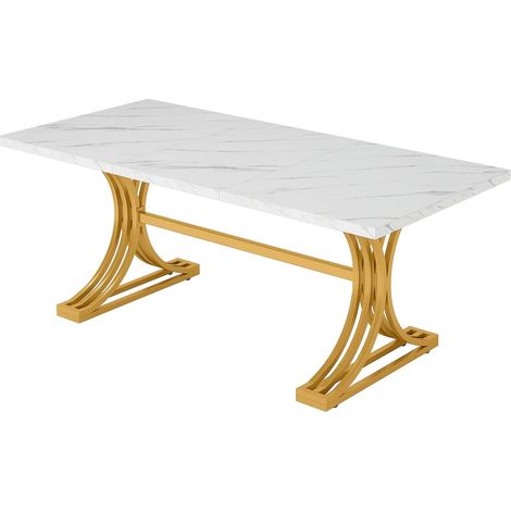 Table à manger en marbre artificiel avec pieds métalliques 160 x 80 cm blanc et doré (1/5)