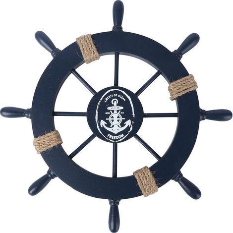 Décoration murale de roue de bateau en bois nautique, décoration murale de style méditerranéen (bleu foncé) (1/5)