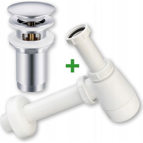 Set: tappo a scatto argentato con troppopieno + sifone per lavabo (1/5)