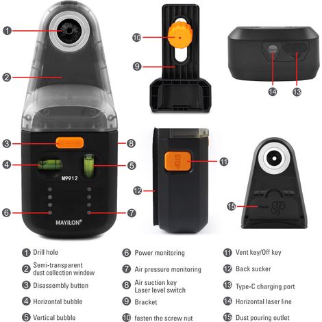 Aspirapolvere elettrico a raggi infrarossi con laser, aspiratore per trapano, aspirapolvere da parete per forature senza polvere su superfici piane (per punte da trapano fino a 13 mm) (1/5)