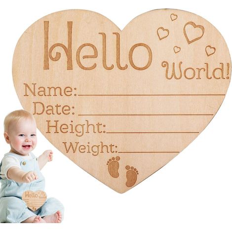 Panneau d'annonce de naissance Panneau de naissance en bois pour empreintes de mains et de pieds de bébé – Panneau de nom « Hello World » pour hôpital, panneau de bienvenue en bois pour (1/5)