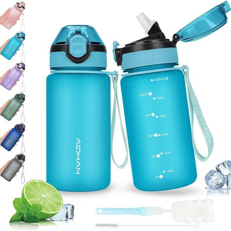 Bouteille d'eau sport 600ml sans BPA avec paille et bouchon anti-fuite, lavable au lave-vaisselle, avec sangle (1/5)