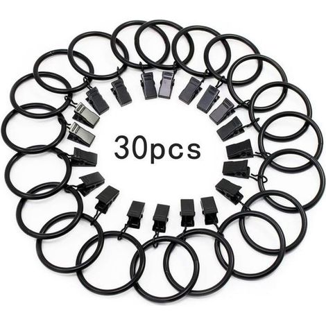 30 Pièces Anneaux de Rideaux avec Métal Pince Robuste Antirouille pour Tringle à Rideaux 32mm Diamètre Intérieur Noir (1/4)