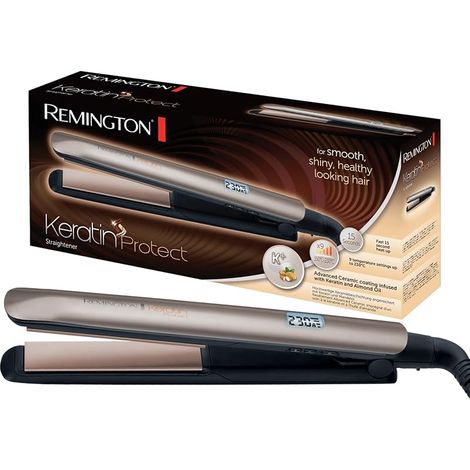 Lisseur Remington [Soin Kératine & Huile d'Amande] Protect (Soin des Cheveux, Céramique, Écran LCD, 10 Réglages de Température 150-230°C, Tension Universelle, Pochette) Fer à Lisser S8540