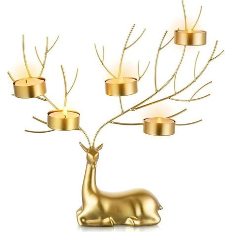 BelleRise - Porte-bougies chauffe-plat en forme de renne, porte-bougies en métal en forme de cerf pour 5 bougies chauffe-plat (doré) (1/5)