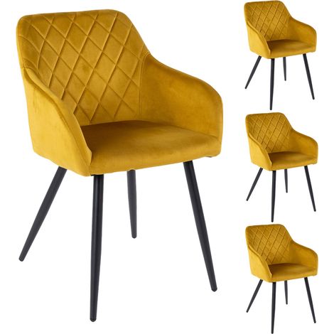 M&S – Lot de 4 chaises en velours moutarde 59x56x82 cm – Piètement métal noir – Accoudoirs enveloppants – Confort optimal pour repas prolongés