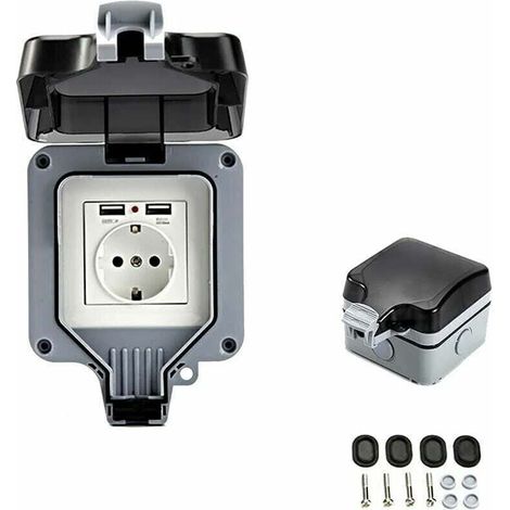Prise murale d'extérieur double avec port USB, étanche et résistante, équipée d'une boîte murale simple pour une utilisation en extérieur. (1/4)