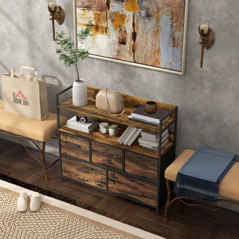 Cassettiera, mobile contenitore, 5 cassetti e ripiani in tessuto pieghevoli e removibili, 98 x 29 x 85 cm, marrone rustico