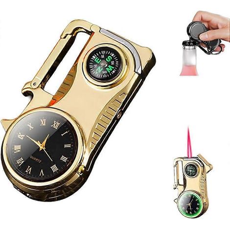 Briquet torche à butane 4 en 1 rechargeable à flamme jet coupe-vent avec montre décapsuleur et boussole intégrés couleur or (1/5)