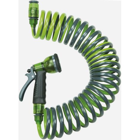 Tuyau d'arrosage spiralé Werka Pro – 7,5 m – Diamètre 12 mm – Tuyau extensible avec pistolet d'arrosage multijets à 7 fonctions – Connecteurs automatiques (1/4)
