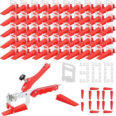 Système de Nivellement Carrelage, Kit de Niveleur Carrelage Kit de Nivellement pour Carrelage avec 1 Pince, 300 3mm Clips, 100 pièces Cales réutilisables Ensemble (1/5)