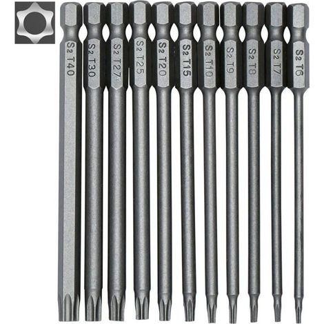 Jeu de 11 embouts longs Torx pour tournevis et visseuse électrique - Embouts magnétiques - Tige hexagonale de 1/4" - Tailles T6 à T40 - Longueur 100 mm (1/5)