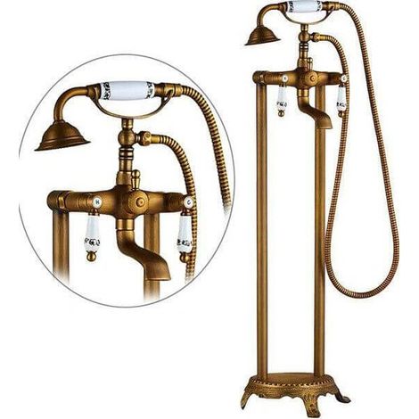 Mirlo – Robinet mélangeur sur colonnes rétro pour baignoire – Finition dorée – Douchette téléphone 150 cm – Matériau laiton et céramique
