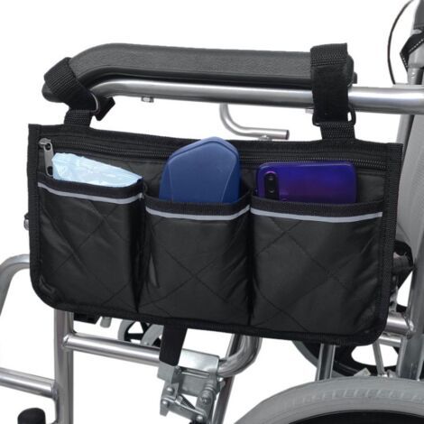 (Schwarze) Seitenarmlehnentaschen für Rollstühle mit Reflektorstreifen. Hängende Aufbewahrungstasche für Rollstühle, geeignet für den Einsatz im Freien oder zu Hause.