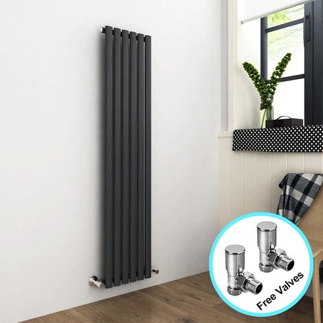 ELEGANT 1600 x 360 mm Anthracite Modern Vertical Column Designer Radiator Single Oval Panel Radiator Heater + Chrome Angled Radiator Valves (1/5)