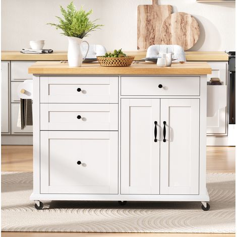 Carrello da cucina 107x70x90.5 cm con 1 anta, 4 cassetti, vassoio tavolo pieghevole, portasciugamani, portaspezie, in MDF, bianco (1/5)