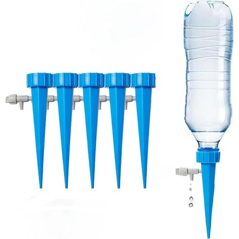 Set of 5 Automatic Plant Watering Systems – Irrigation Stakes with Long Dripper and Adjustable Valve, for Indoor and Outdoor Plants, Blue (1/4)