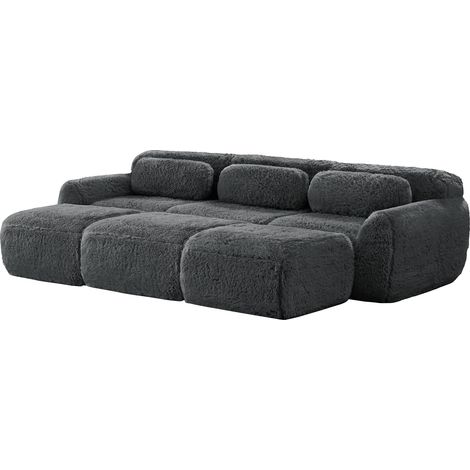ELVMI Modulares 3-Sitzer-Sofa mit 3 Ottomanen, Rahmenloses Sofa für Wohnzimmer, aus Plüschstoff Grau (1/5)