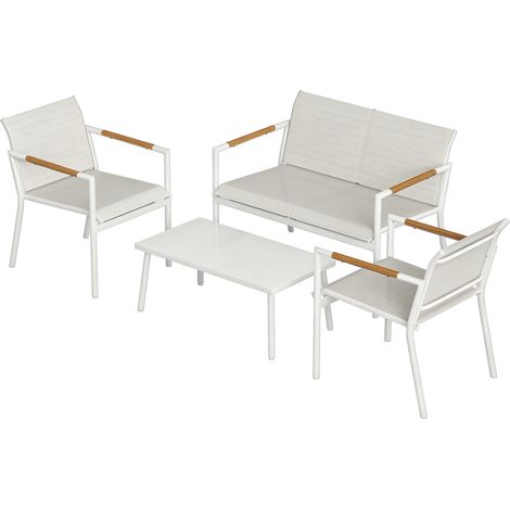 Salon de Jardin 4 Pièces en Textilène, Canapé, 2 Fauteuils, Table Basse avec Plateau en Métal, 106x70,5x77cm, Crème (1/5)