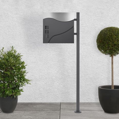 ECD Germany Boîte aux Lettres sur Pied avec Compartiment à Journaux, Ensemble de Boîte Moderne avec Poteau, Support de Boîte aux Lettres Anthracite 120cm, Acier Inox, Anthracite/Argent 37x10,5x36,5cm (1/5)